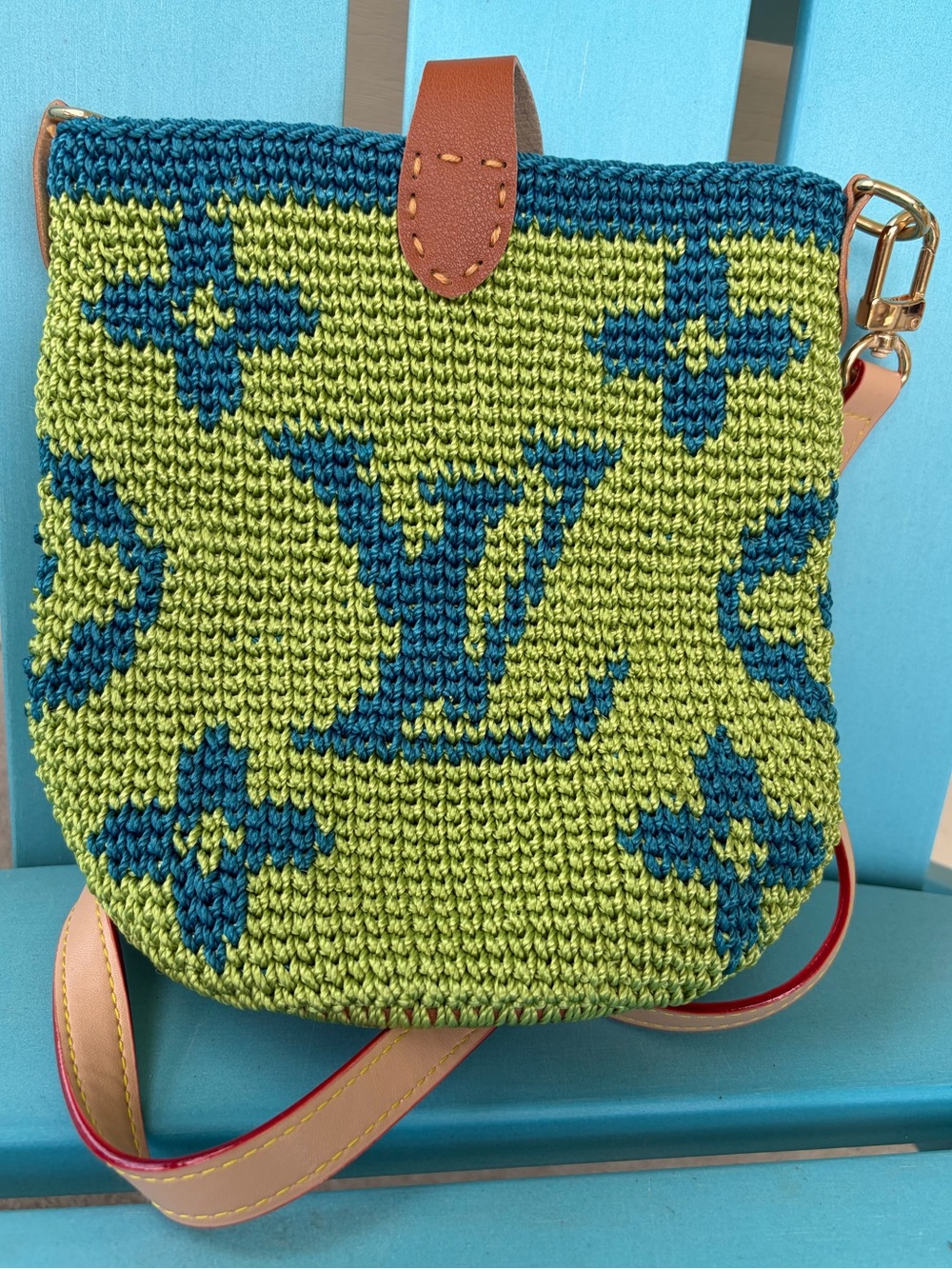 Crochet LV designer bucket bag crossbody purse green blue brown NWOT - Picture 3 of 9